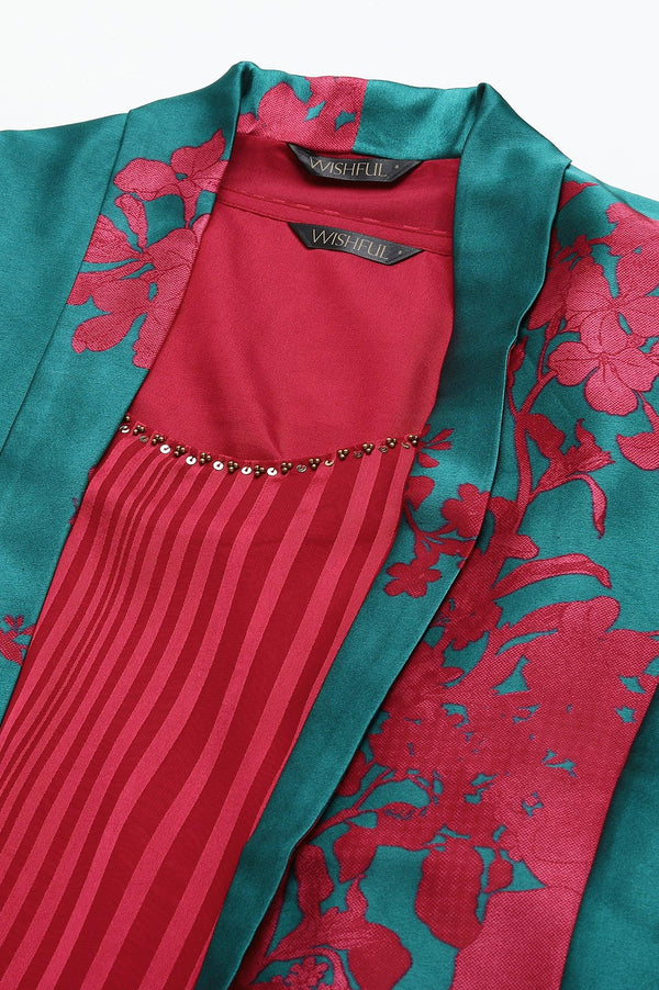 Coral Red Sleeveless Predrape Saree Dress with Belt and Tailored Jacket Set