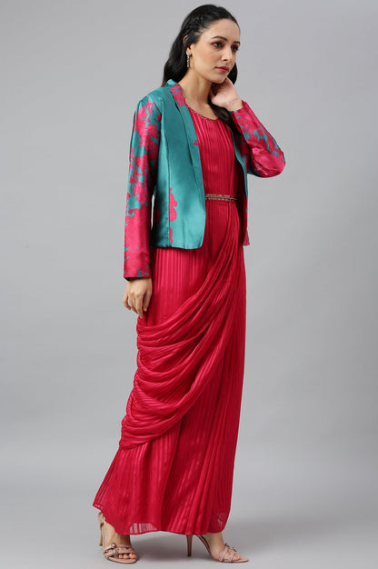 Coral Red Sleeveless Predrape Saree Dress With Belt And Tailored Jacket Set - wforwoman