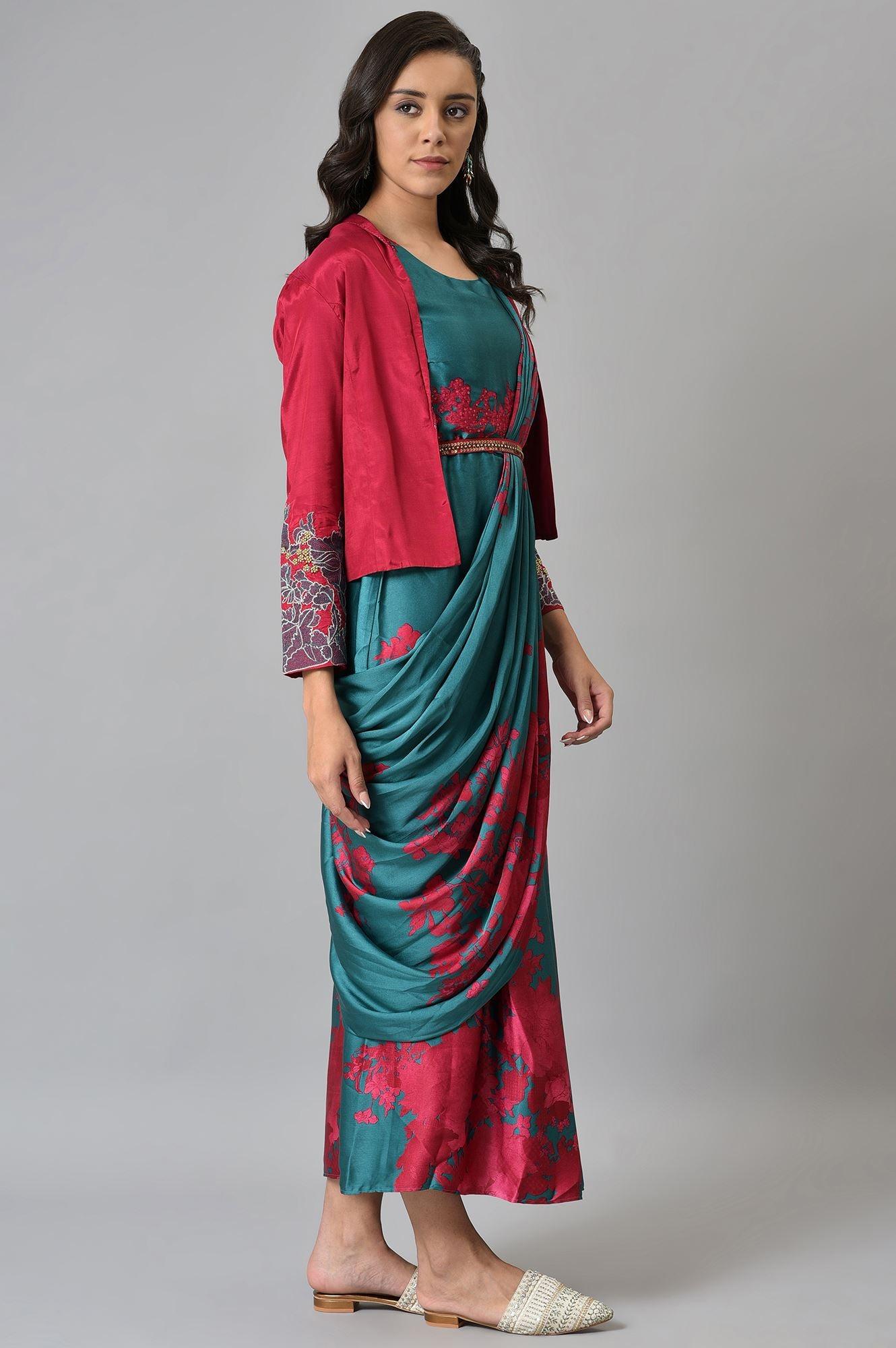 Green And Red Sleeveless Predrape Saree Dress With Belt And Tailored Jacket - wforwoman