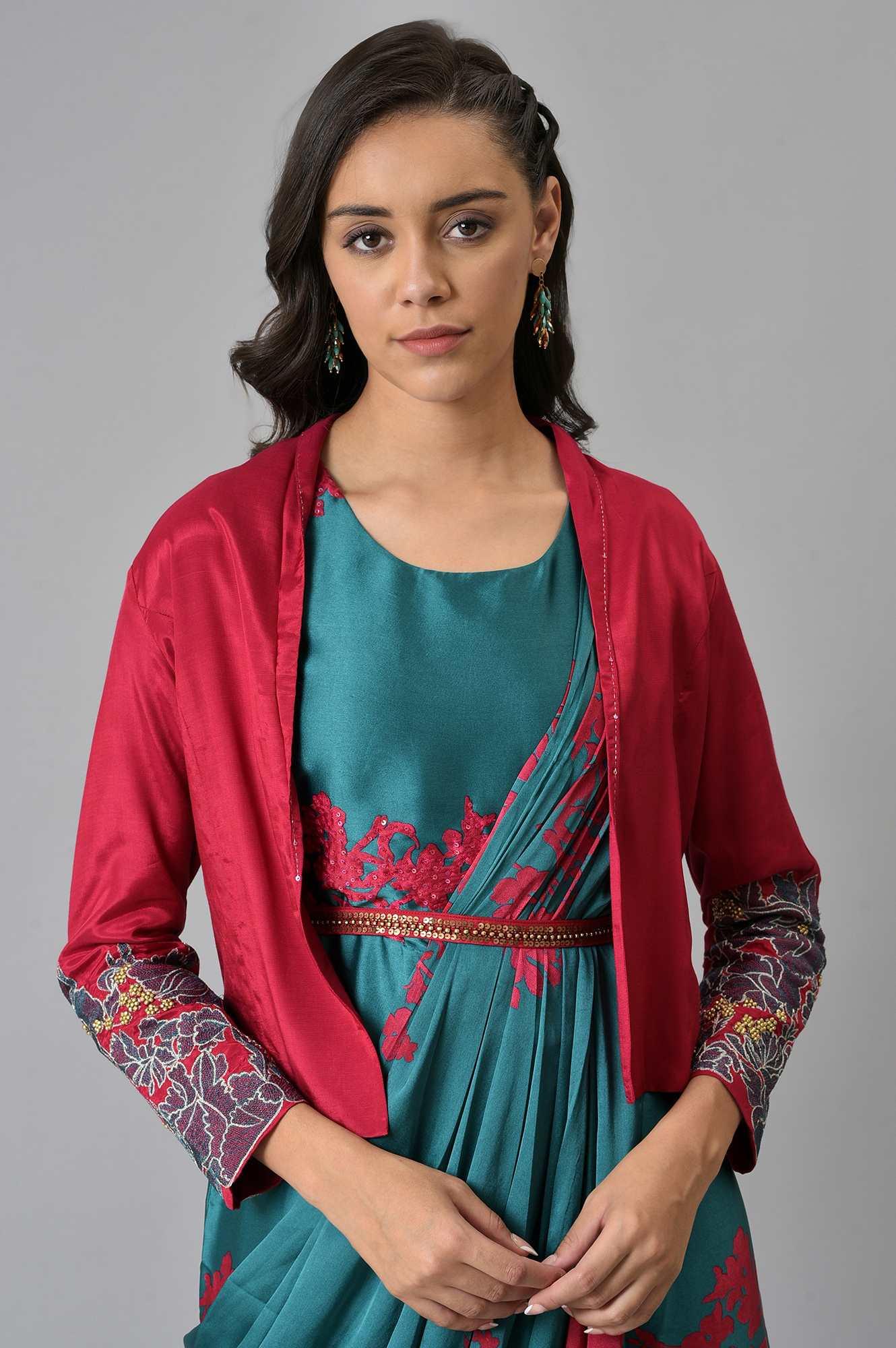 Green And Red Sleeveless Predrape Saree Dress With Belt And Tailored Jacket - wforwoman