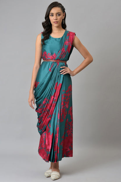 Green And Red Sleeveless Predrape Saree Dress With Belt And Tailored Jacket - wforwoman