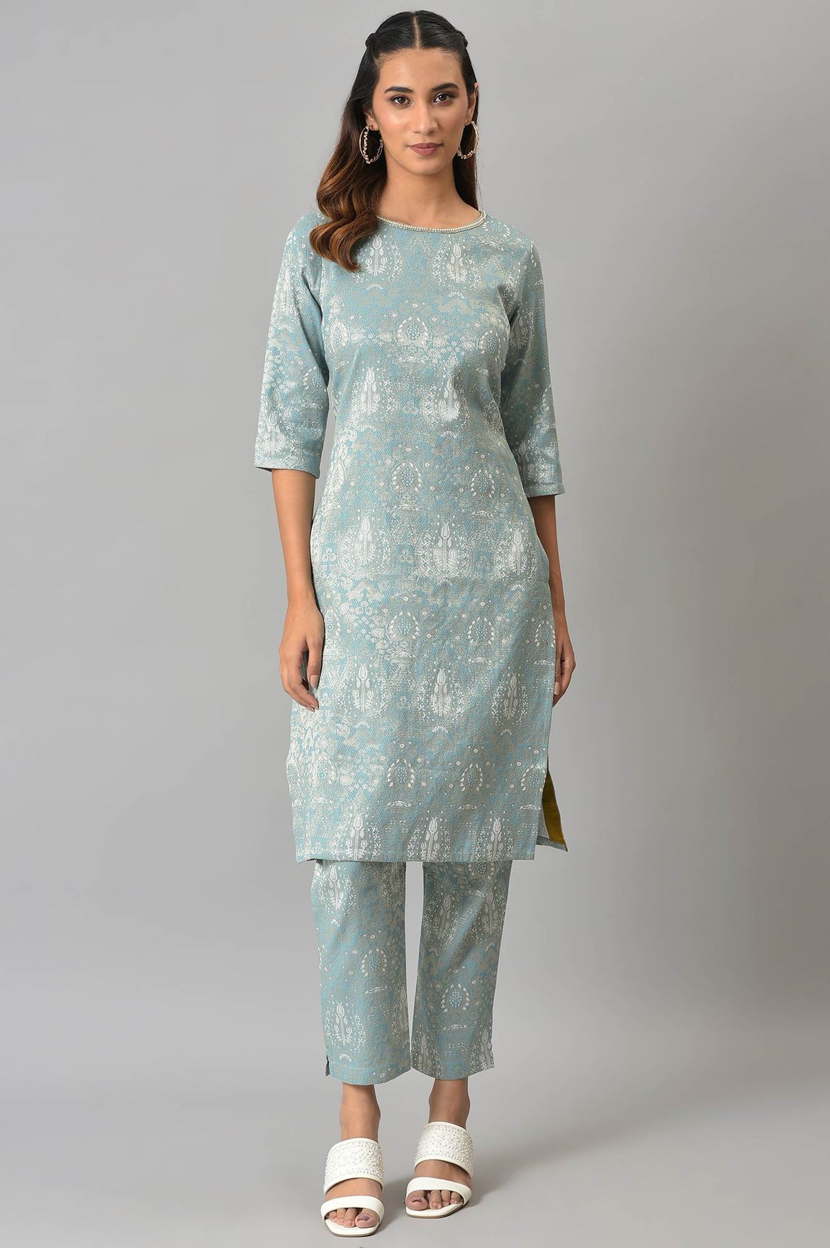 Light Blue Jacquard kurta And Pants Co-Ord Set - 6