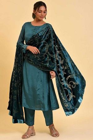 Green Solid kurta, Pants &amp; Velvet Dupatta - wforwoman