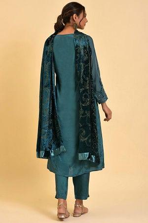 Green Solid kurta, Pants &amp; Velvet Dupatta - wforwoman