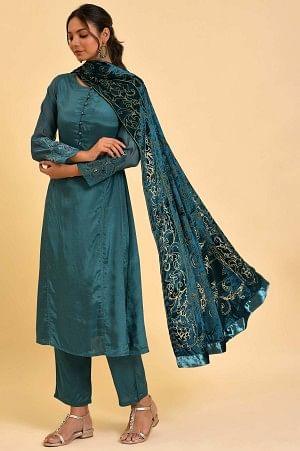 Green Solid kurta, Pants &amp; Velvet Dupatta - wforwoman