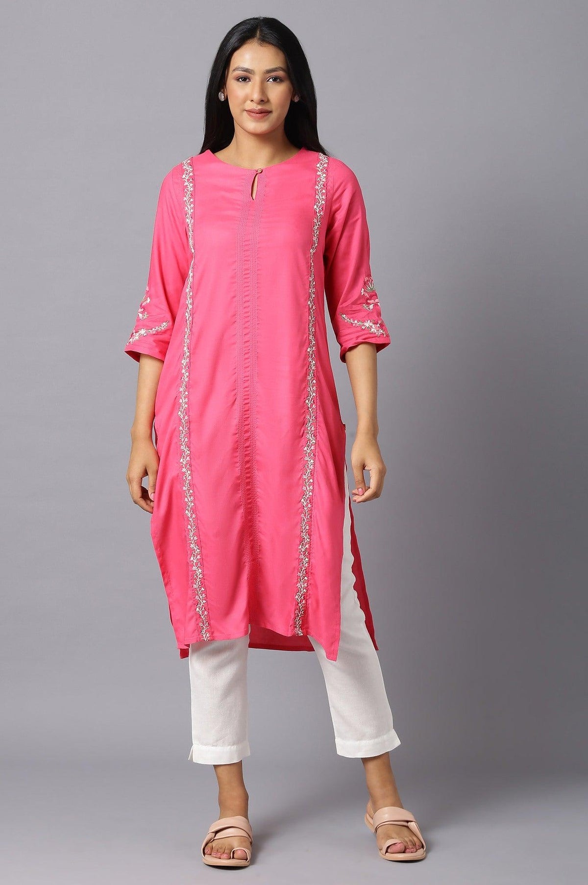Dark Pink Rayon kurta With Multicolour Embroidery - XS