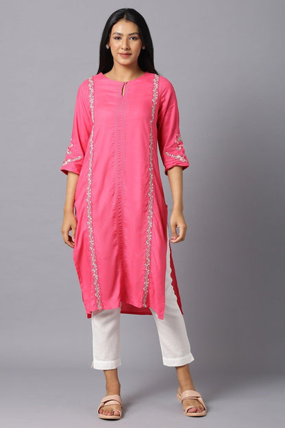 Dark Pink Rayon kurta With Multicolour Embroidery - wforwoman