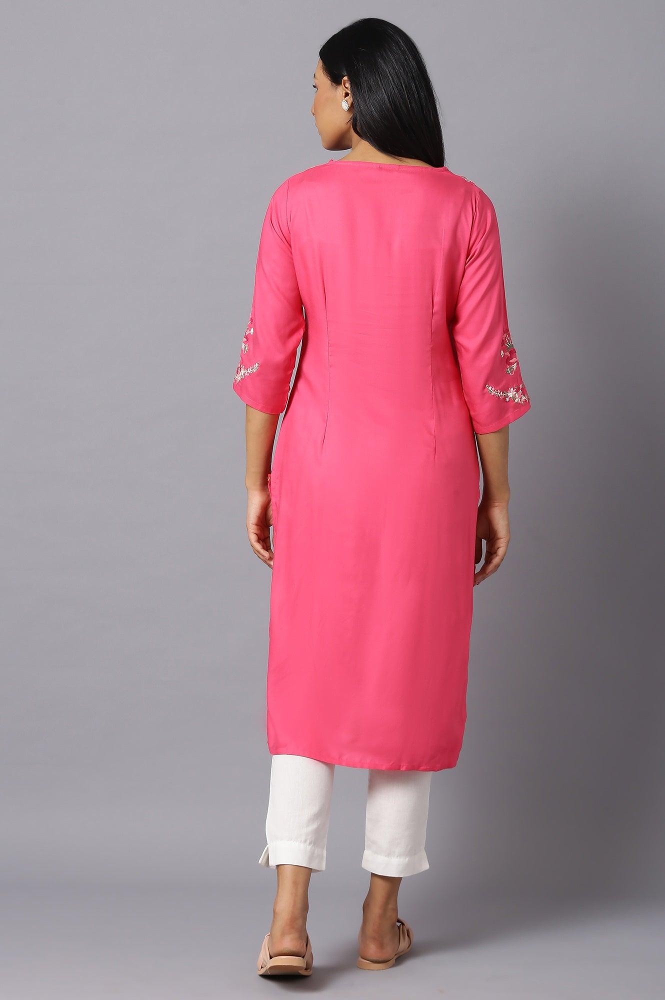 Dark Pink Rayon kurta With Multicolour Embroidery - wforwoman