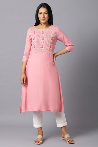 Pink Embroidered kurta With Lace Trimming - wforwoman