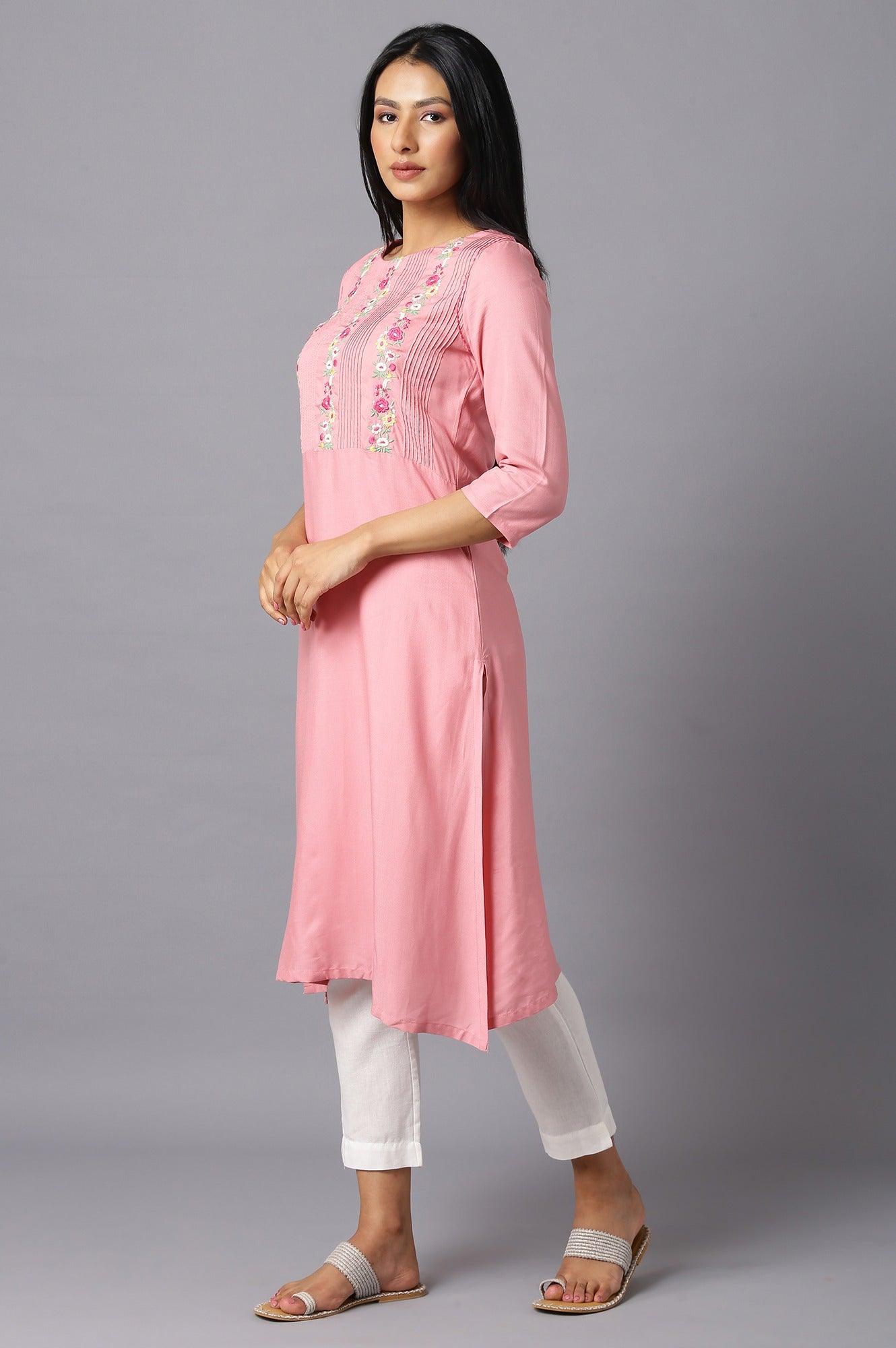 Pink Embroidered kurta With Lace Trimming - wforwoman