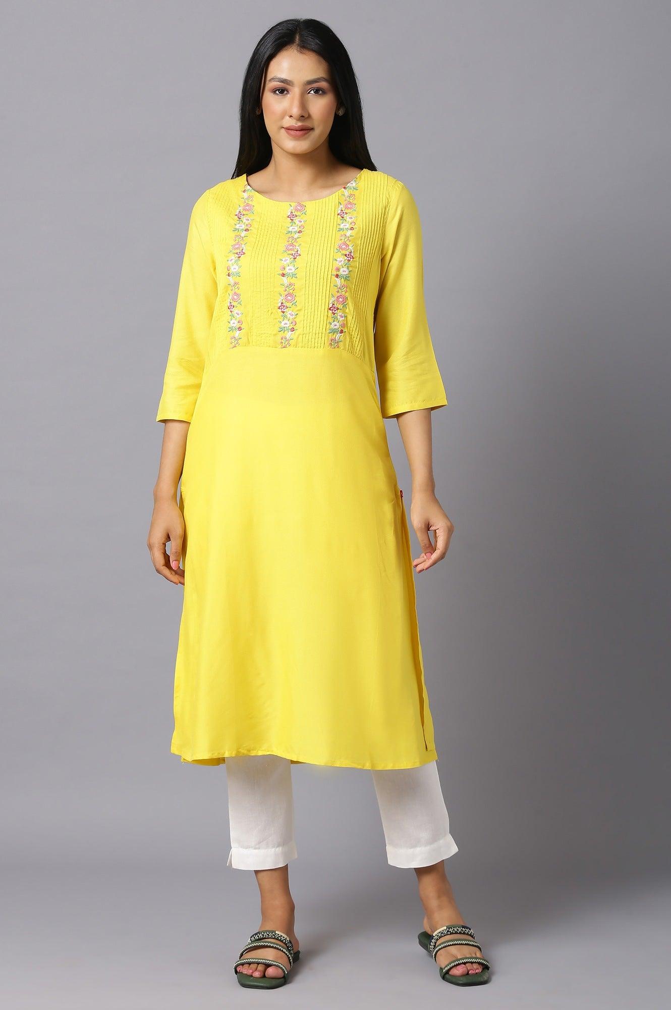 Yellow Embroidered kurta With Lace Trimming - wforwoman