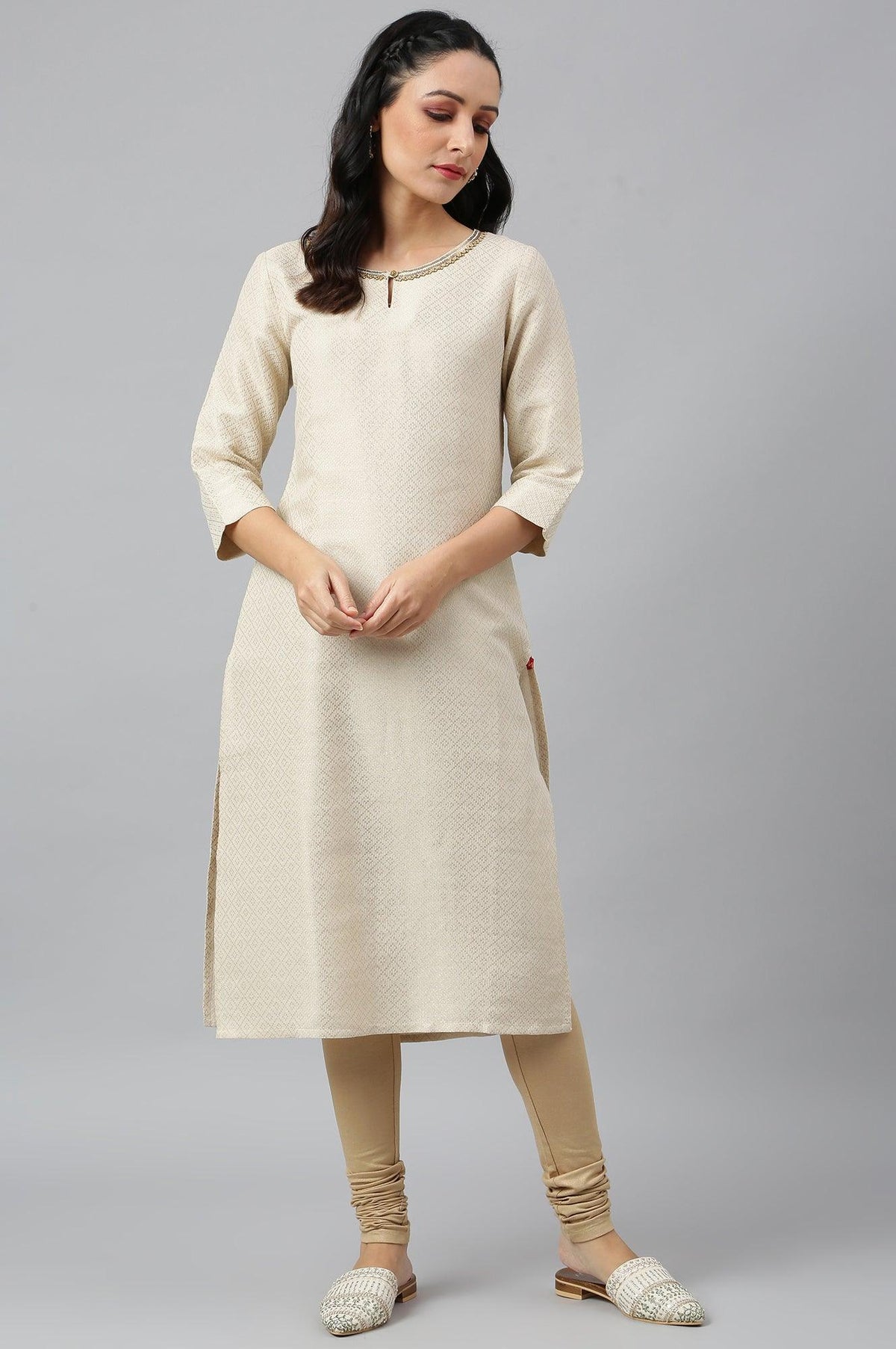 Ecru Geometric Print Dobby kurta - XS