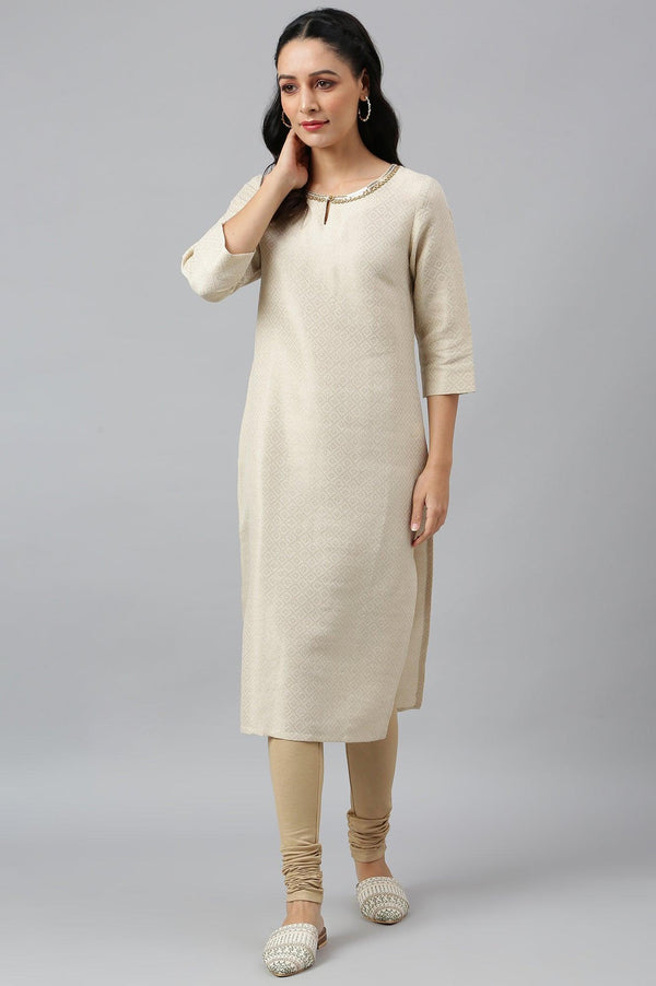 Ecru Geometric Print Dobby kurta