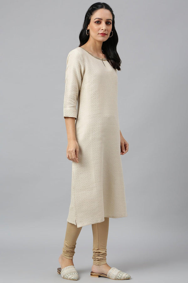 Ecru Geometric Print Dobby kurta