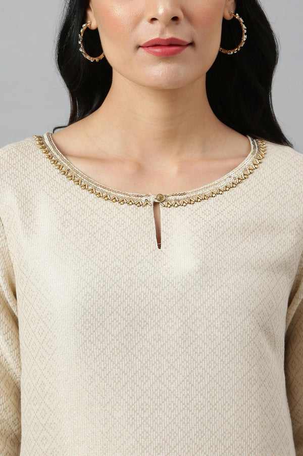 Ecru Geometric Print Dobby kurta