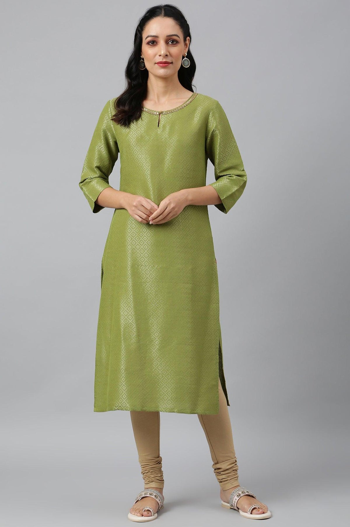 Green Geometric Print Dobby kurta - XS