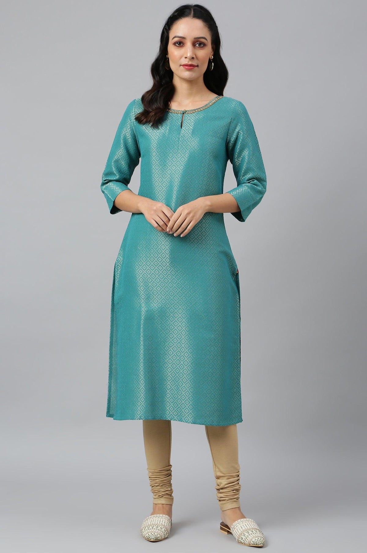 Teal Geometric Print Dobby kurta - XS