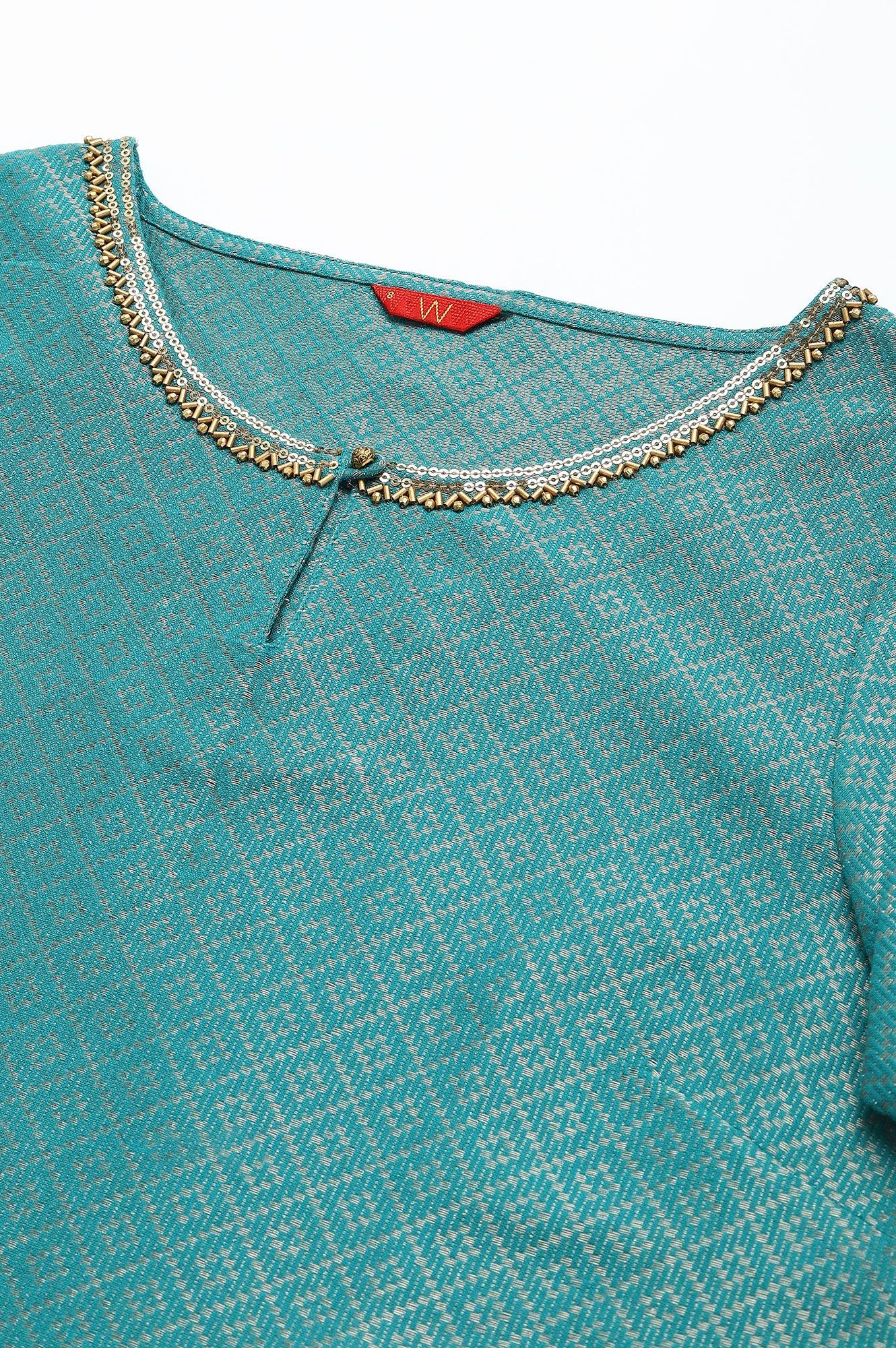 Teal Geometric Print Dobby kurta - wforwoman