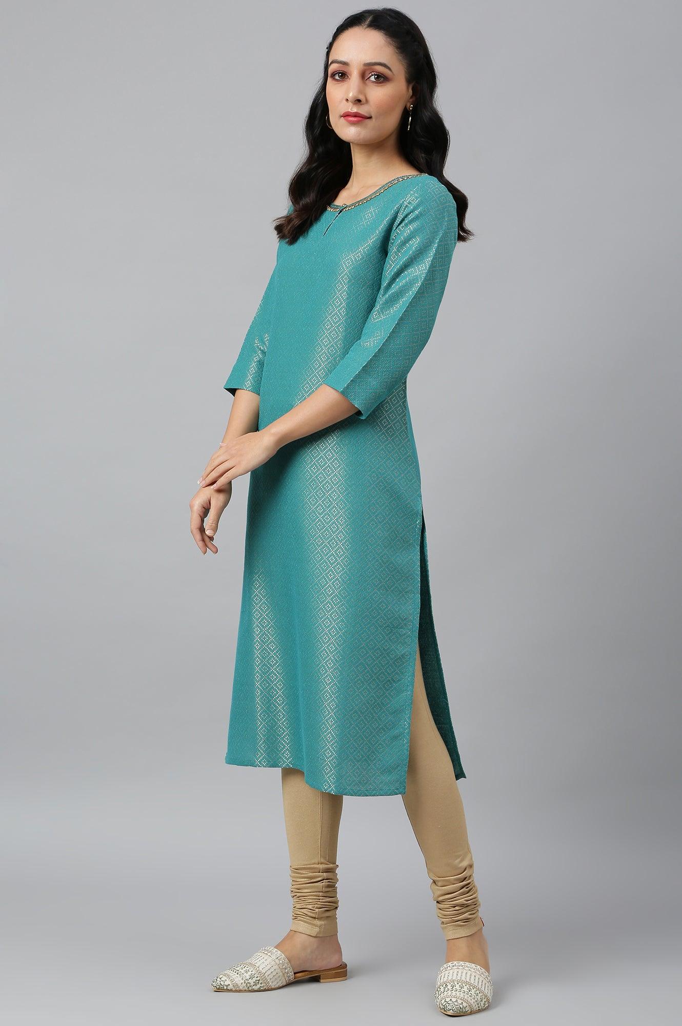 Teal Geometric Print Dobby kurta - wforwoman