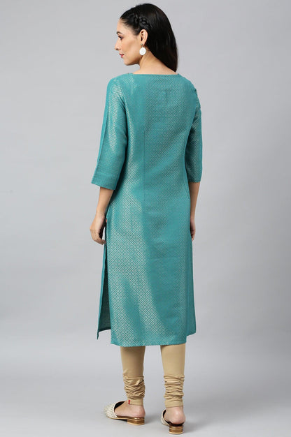 Teal Geometric Print Dobby kurta - wforwoman