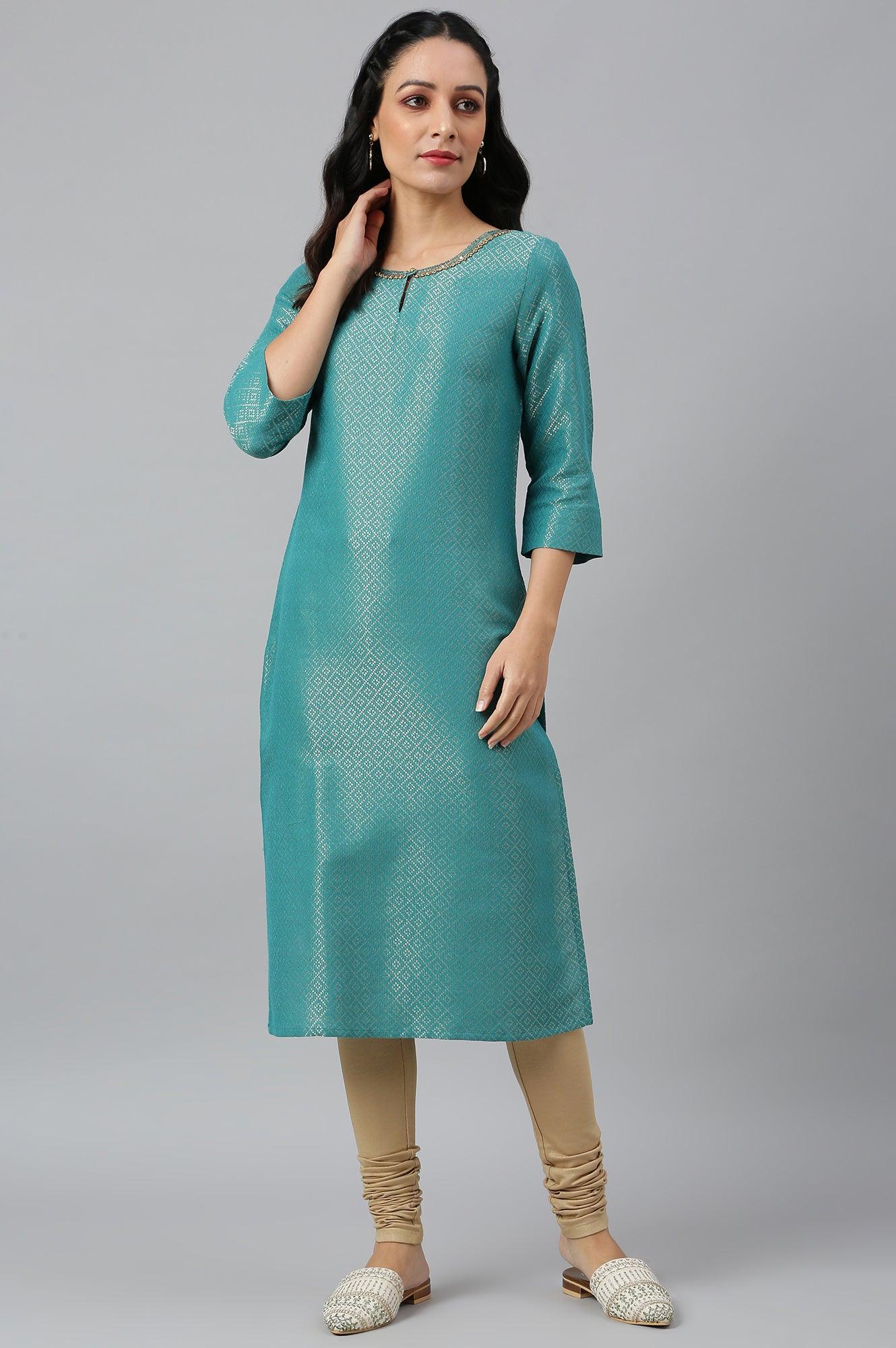 Teal Geometric Print Dobby kurta - wforwoman