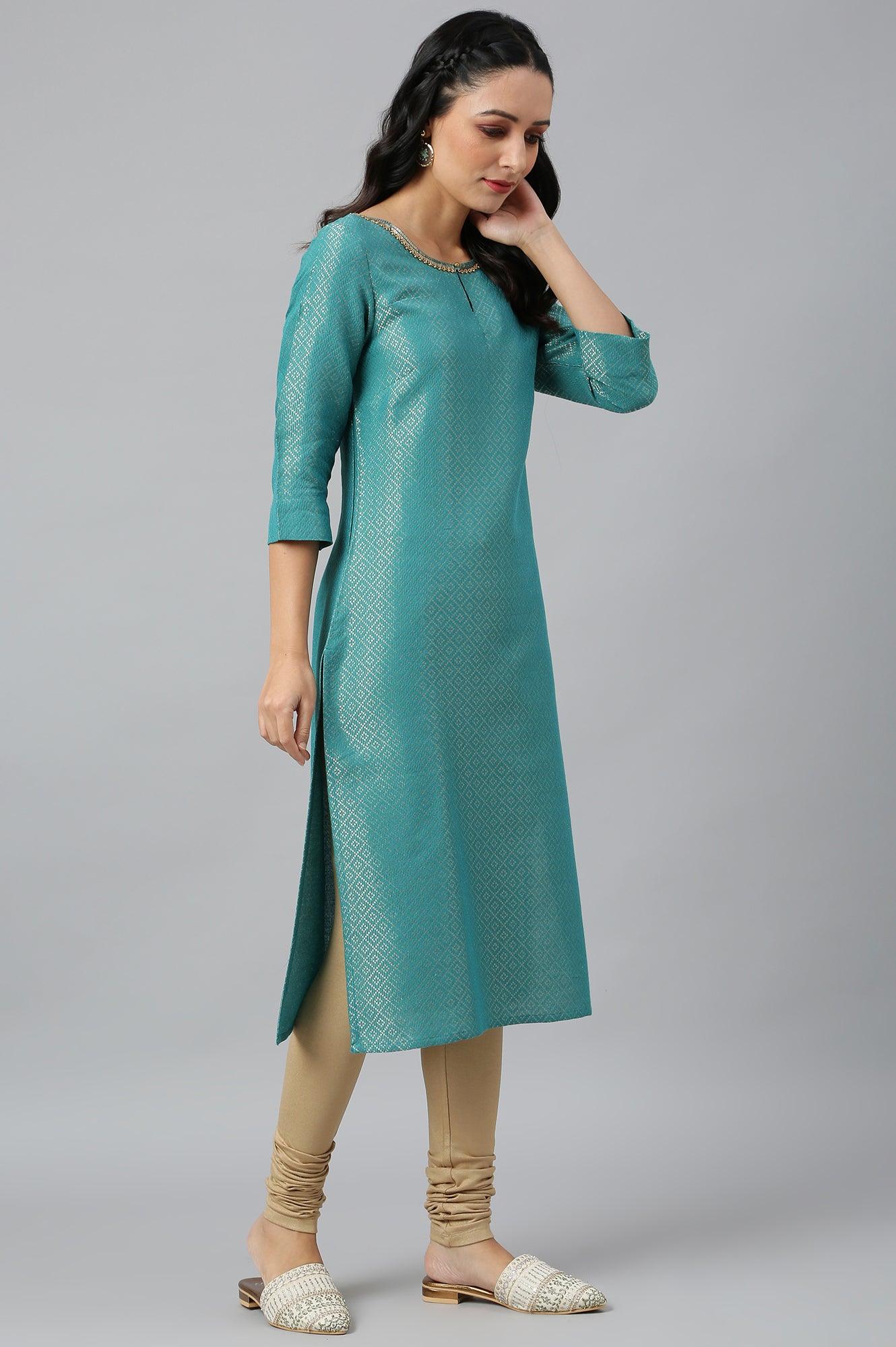 Teal Geometric Print Dobby kurta - wforwoman