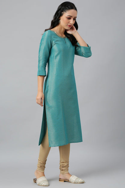 Teal Geometric Print Dobby kurta - wforwoman