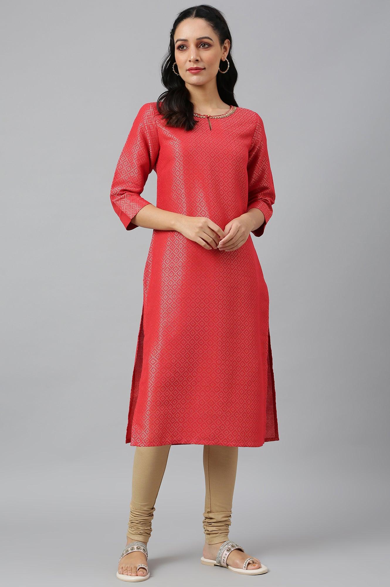 Red Geometric Print Dobby kurta - wforwoman
