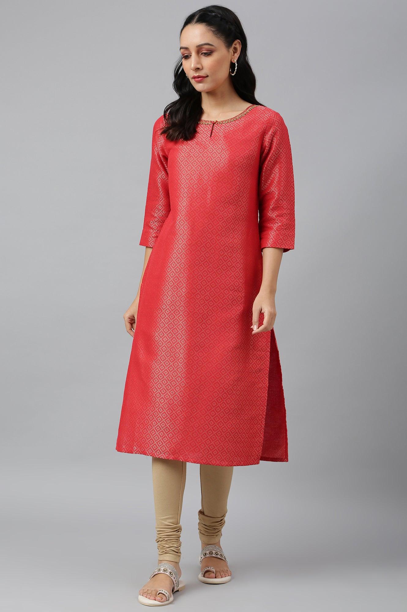 Red Geometric Print Dobby kurta - wforwoman