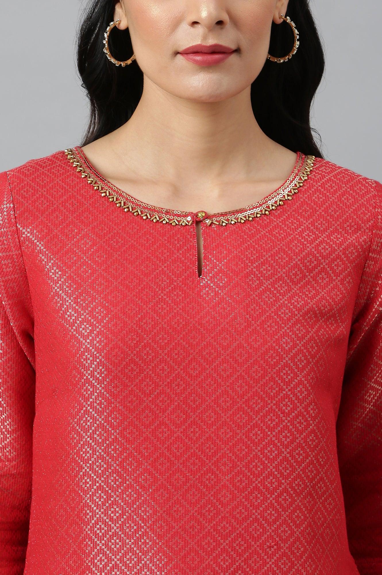 Red Geometric Print Dobby kurta - wforwoman