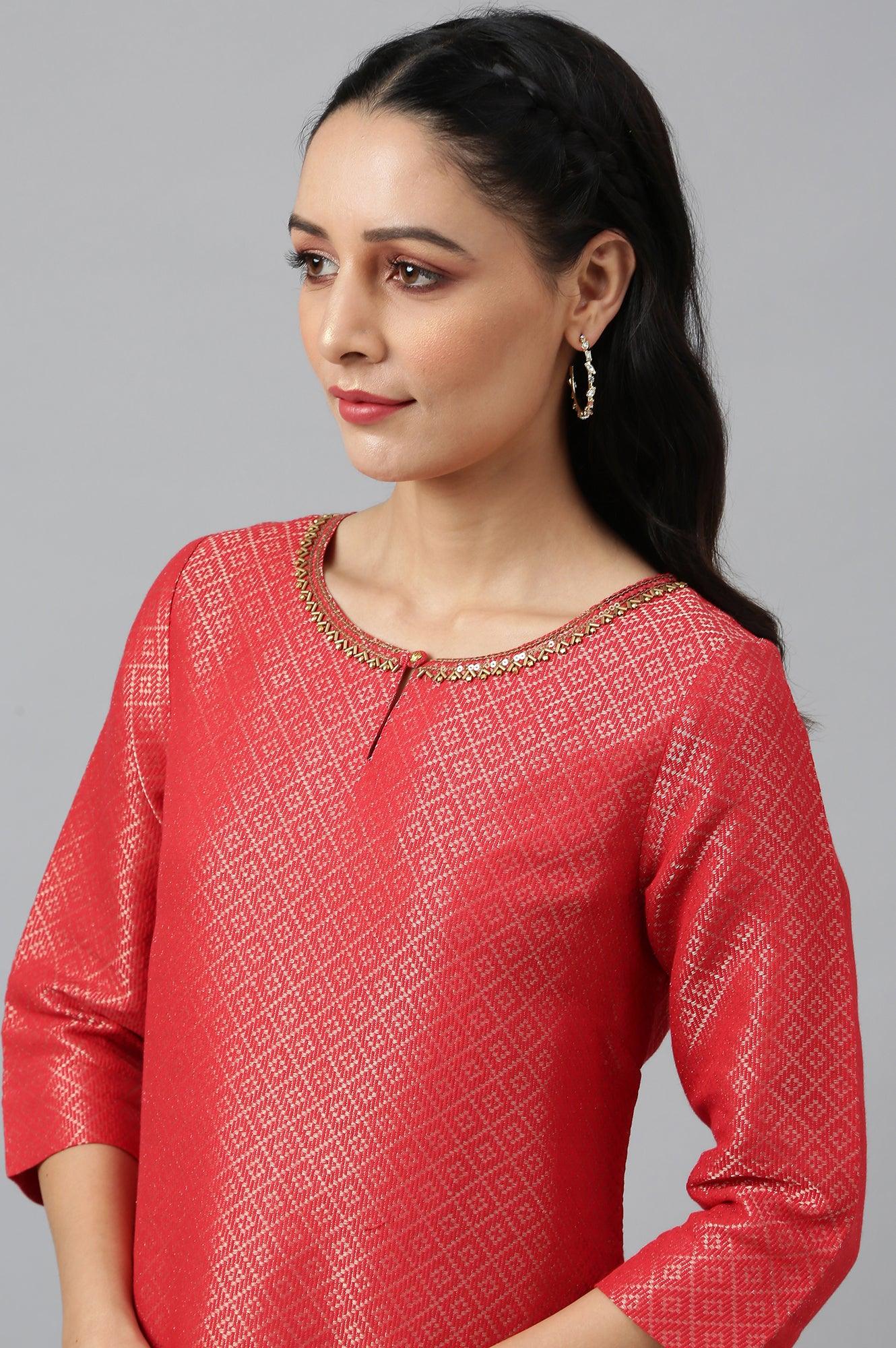 Red Geometric Print Dobby kurta - wforwoman