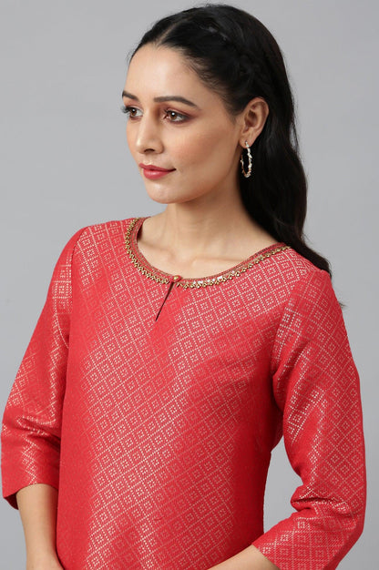 Red Geometric Print Dobby kurta - wforwoman
