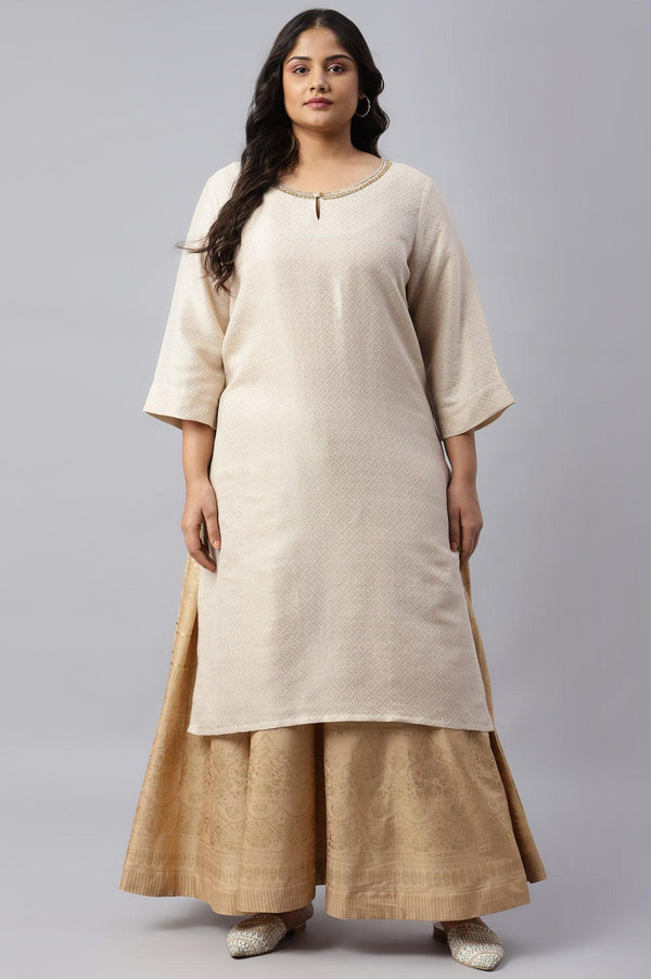 Ecru Geometric Print Dobby Plus Size kurta