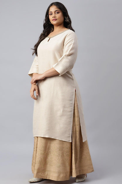 Ecru Geometric Print Dobby Plus Size kurta - wforwoman