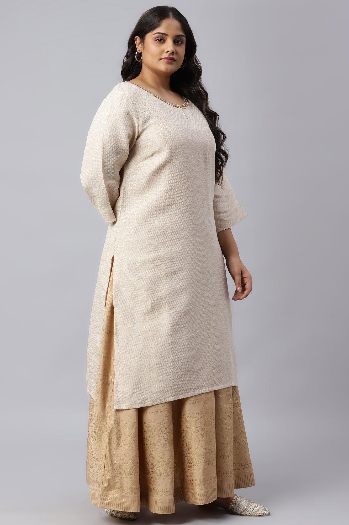 Ecru Geometric Print Dobby Plus Size kurta - wforwoman