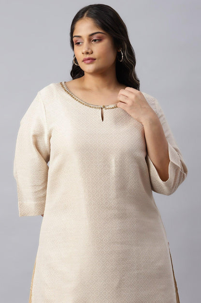 Ecru Geometric Print Dobby Plus Size kurta - wforwoman