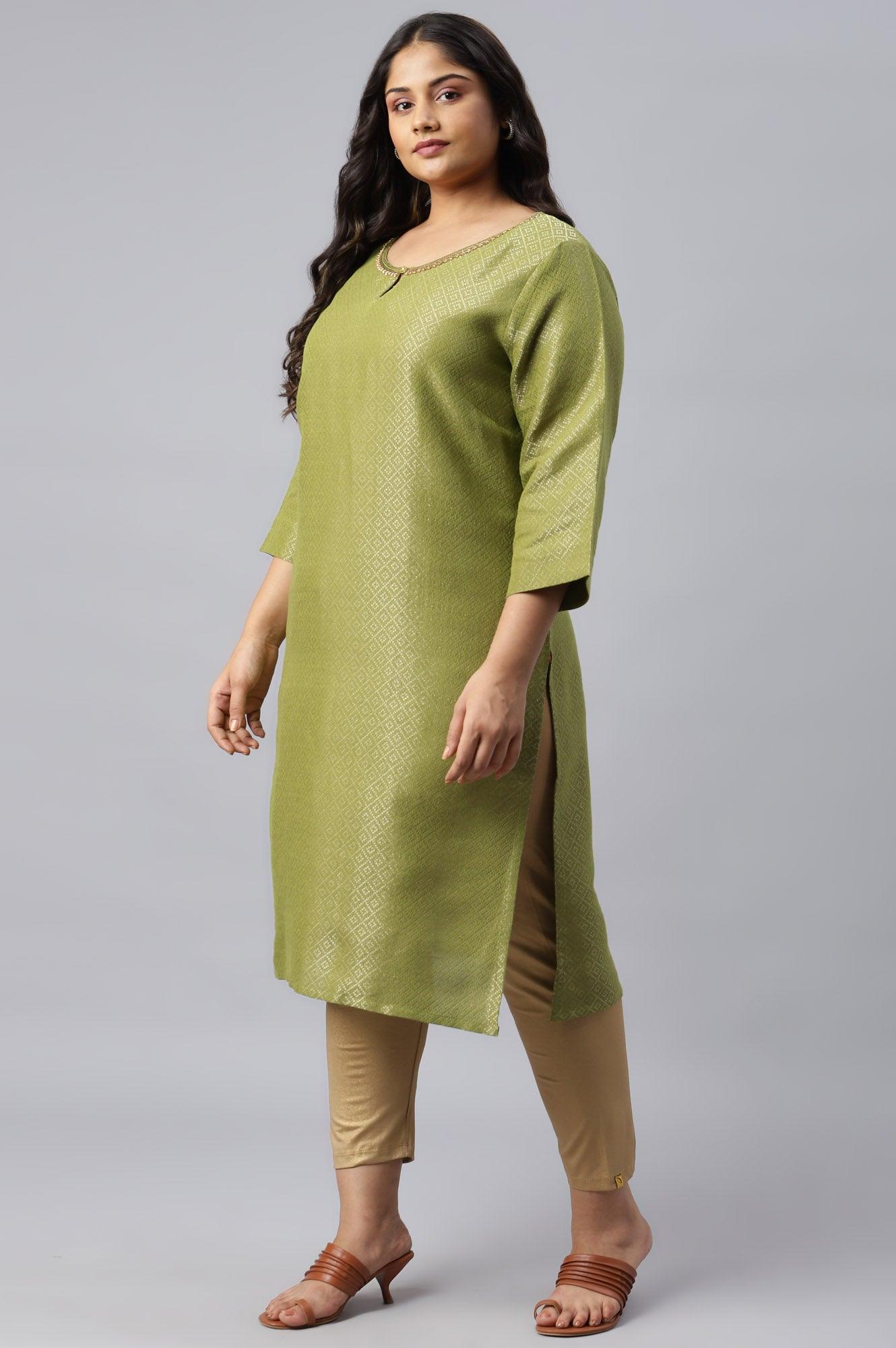 Green Geometric Print Dobby Plus Size kurta - wforwoman