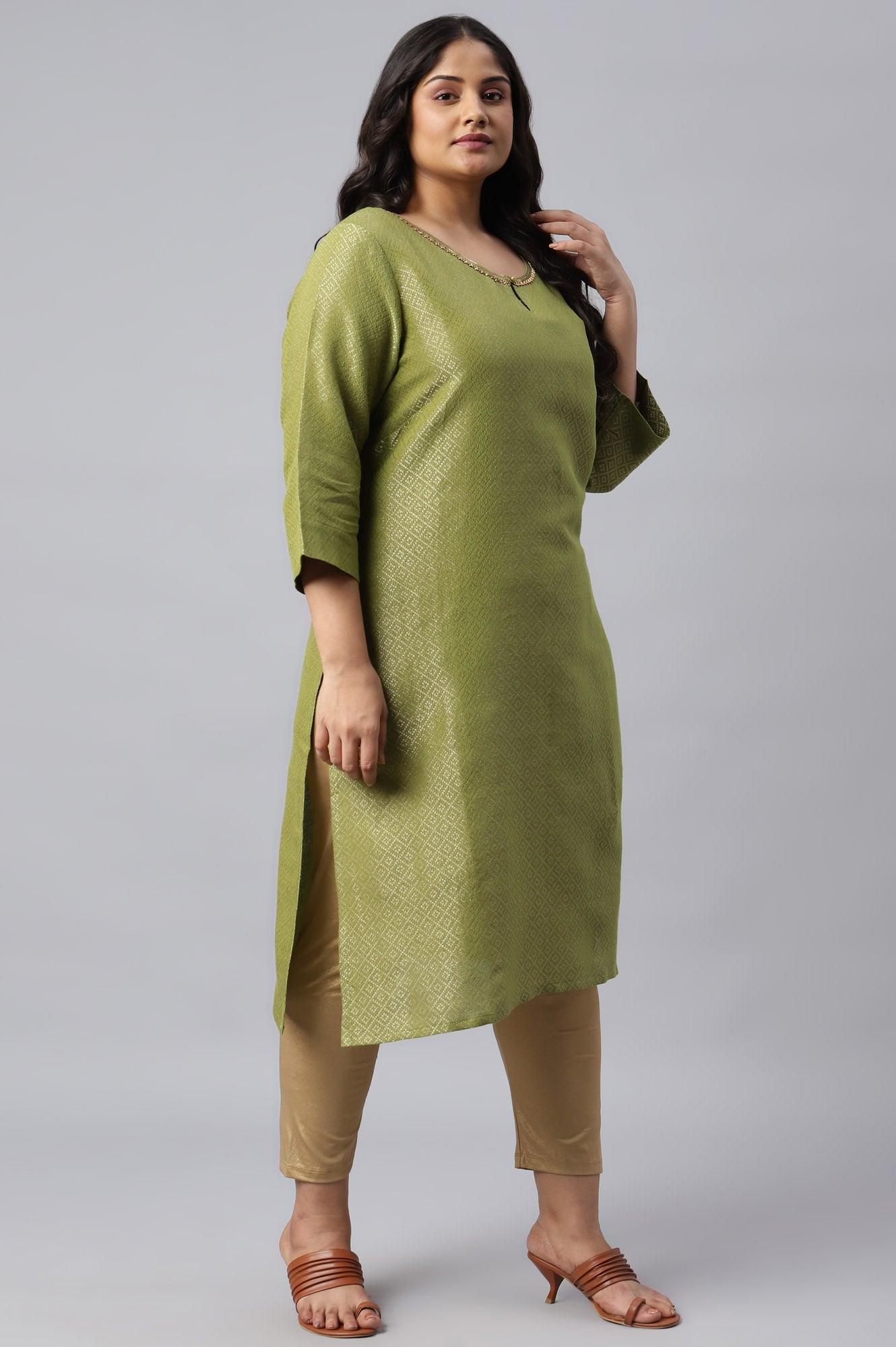 Green Geometric Print Dobby Plus Size kurta - wforwoman