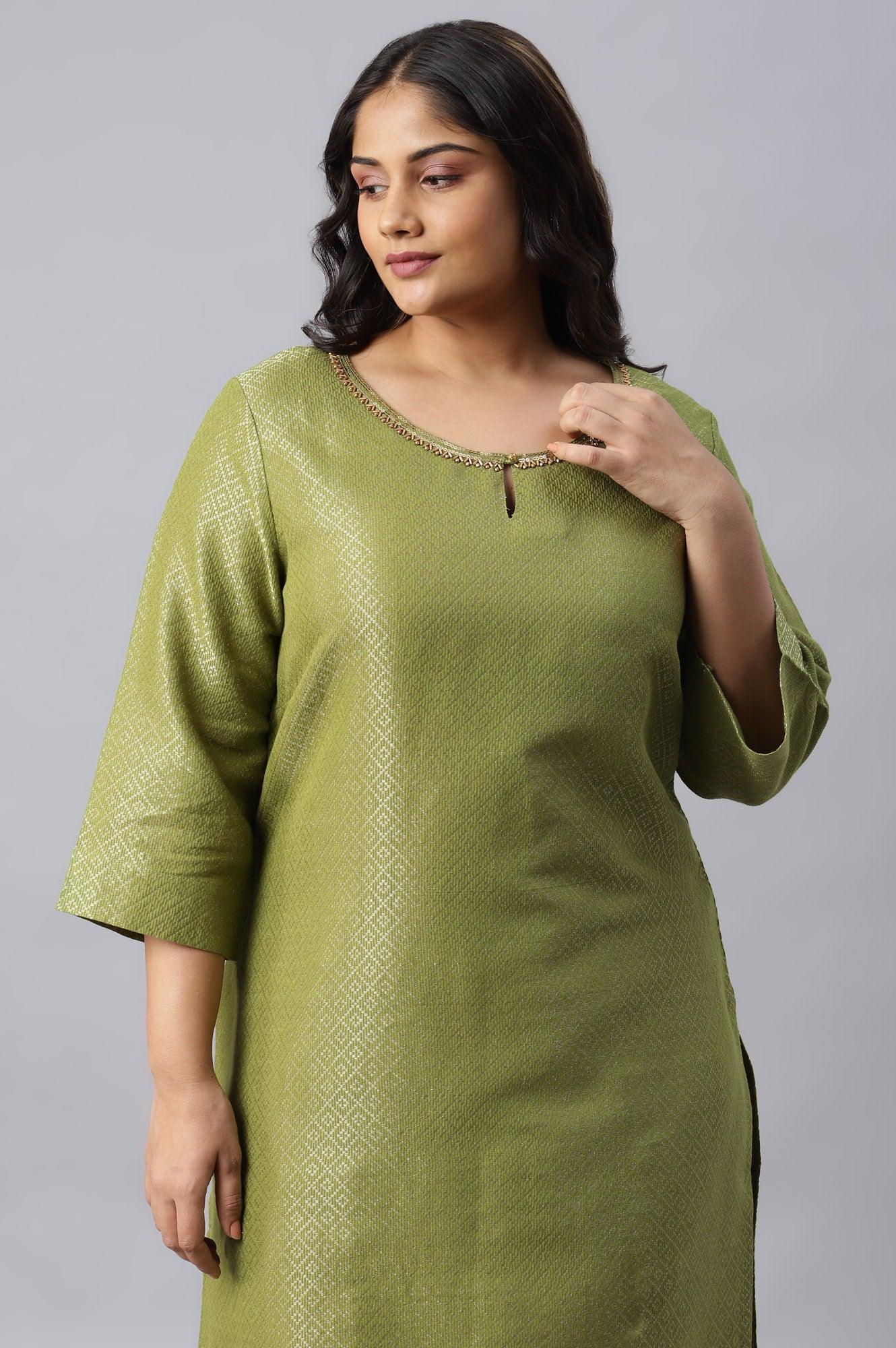 Green Geometric Print Dobby Plus Size kurta - wforwoman