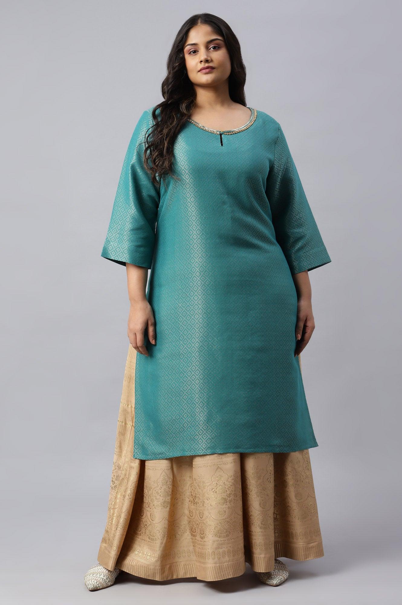 Teal Geometric Print Dobby Plus Size kurta - wforwoman