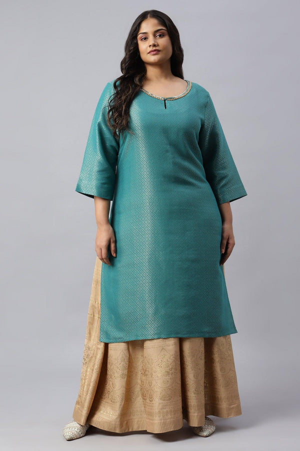 Teal Geometric Print Dobby Plus Size kurta