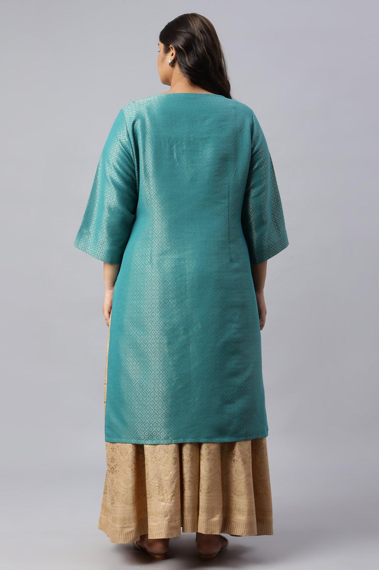 Teal Geometric Print Dobby Plus Size kurta - wforwoman