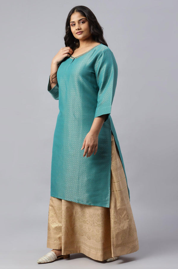 Teal Geometric Print Dobby Plus Size kurta
