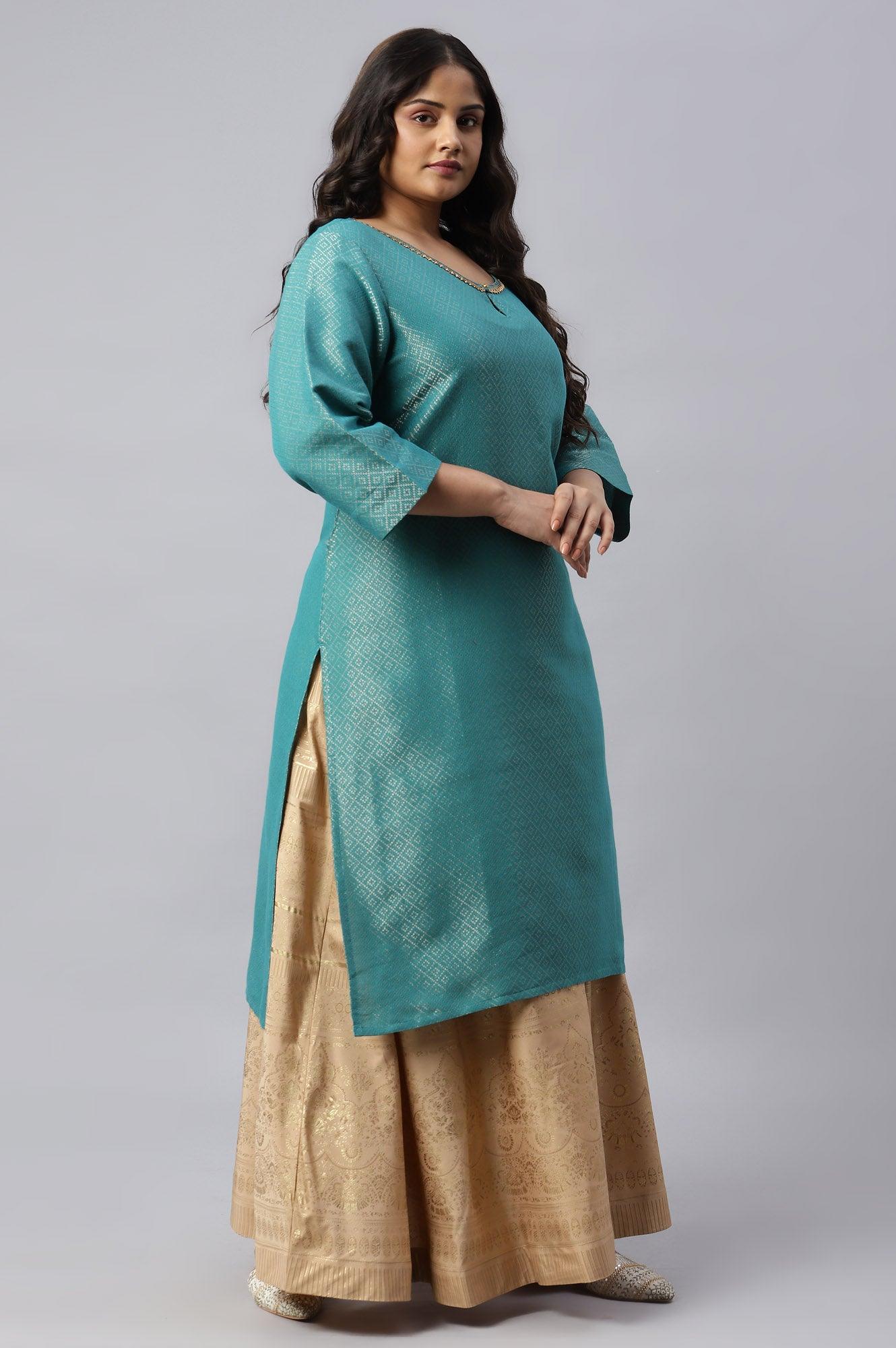 Teal Geometric Print Dobby Plus Size kurta - wforwoman