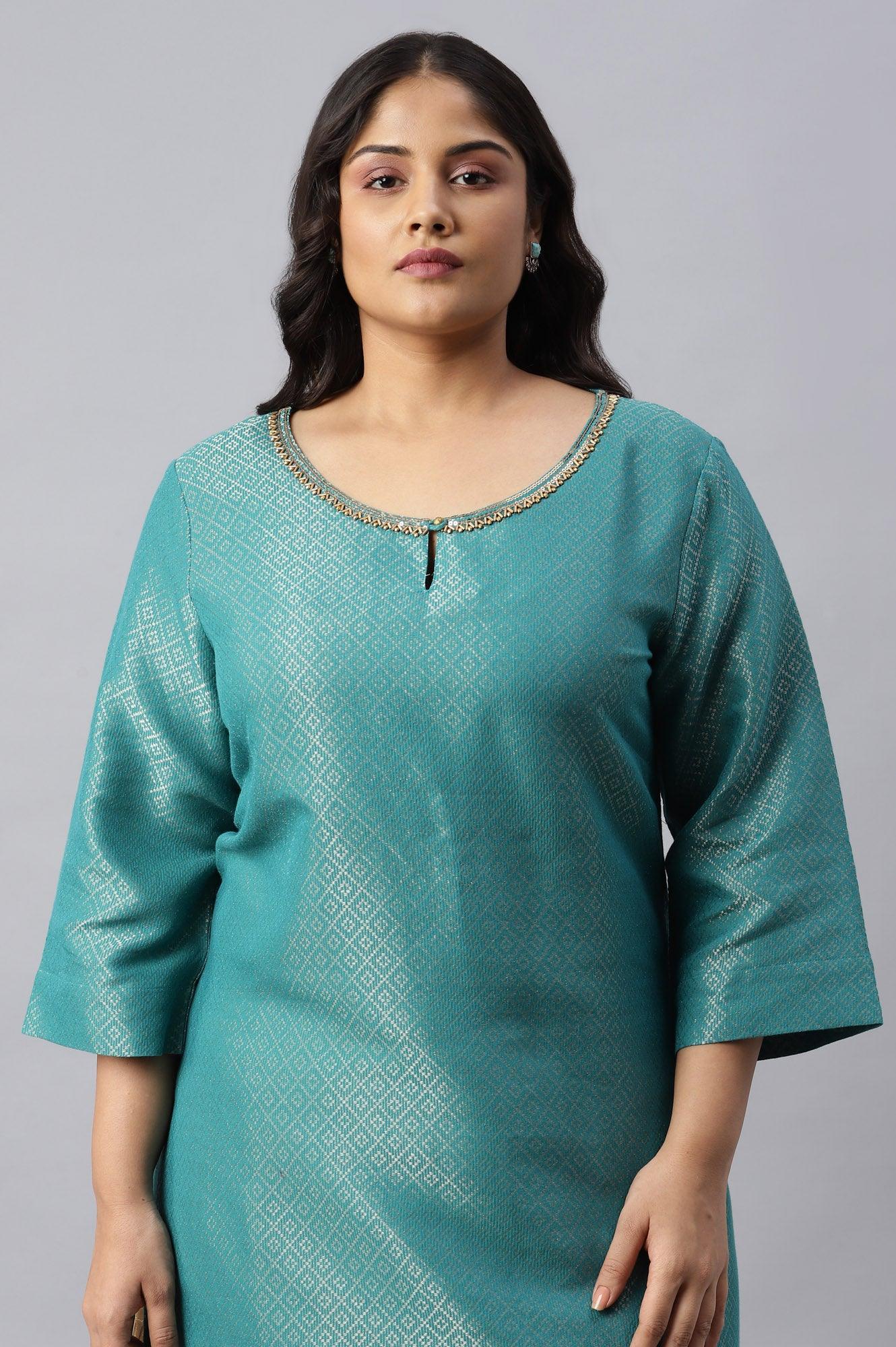 Teal Geometric Print Dobby Plus Size kurta - wforwoman