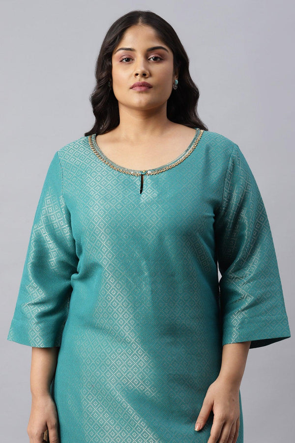 Teal Geometric Print Dobby Plus Size kurta