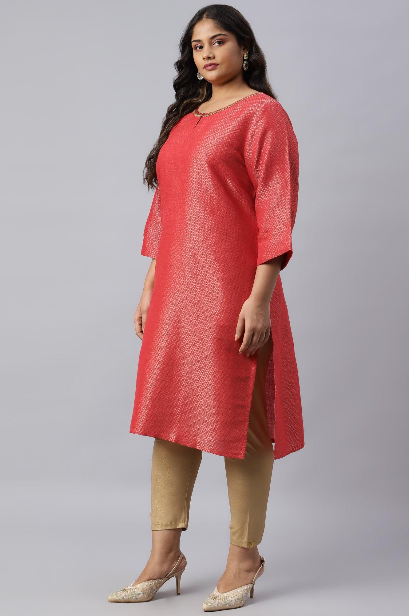 Red Geometric Print Dobby Plus Size kurta - wforwoman