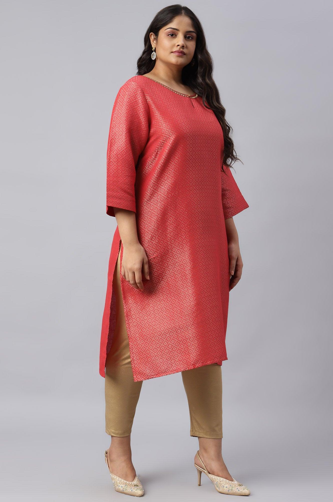 Red Geometric Print Dobby Plus Size kurta - wforwoman
