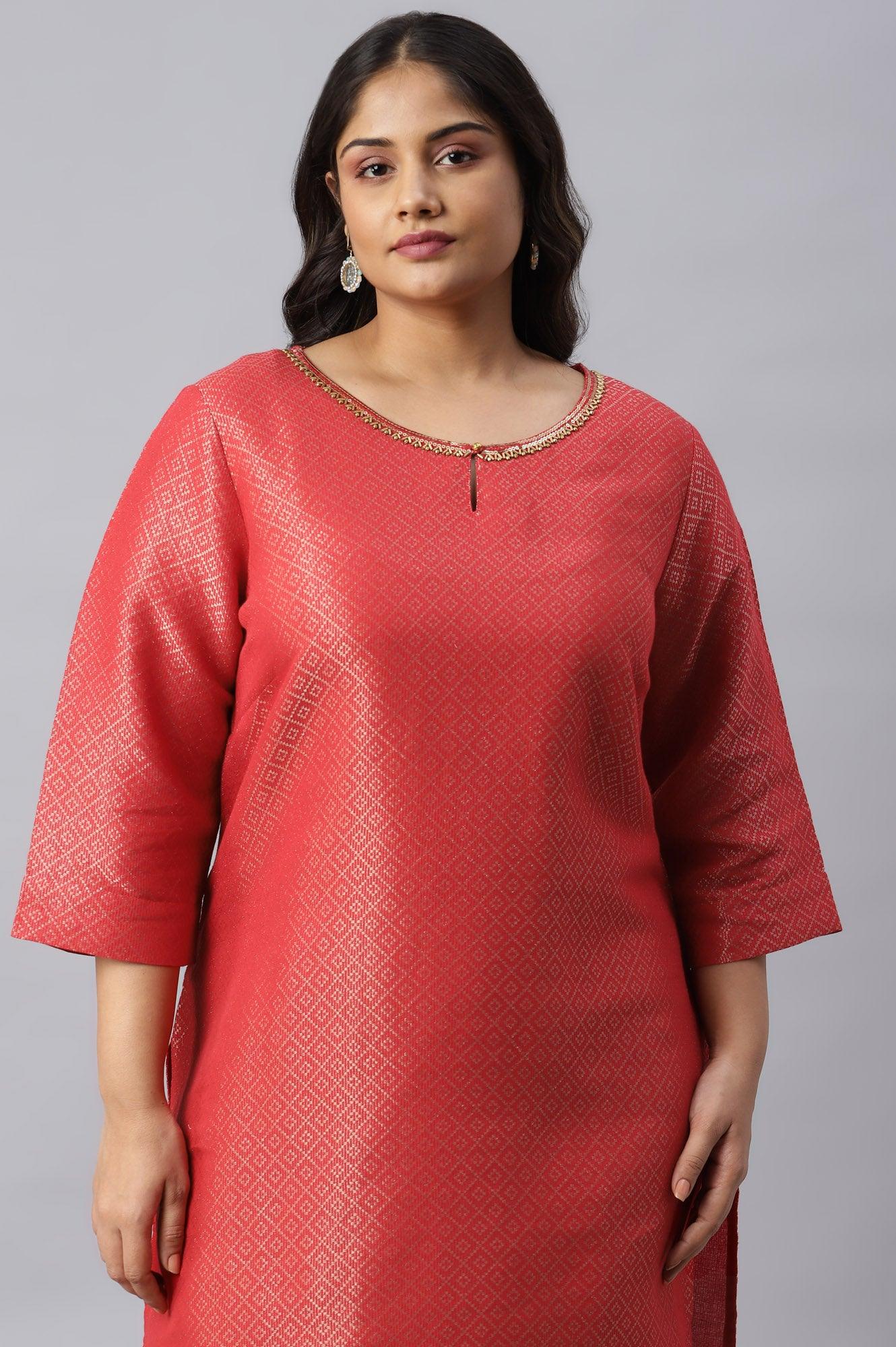 Red Geometric Print Dobby Plus Size kurta - wforwoman
