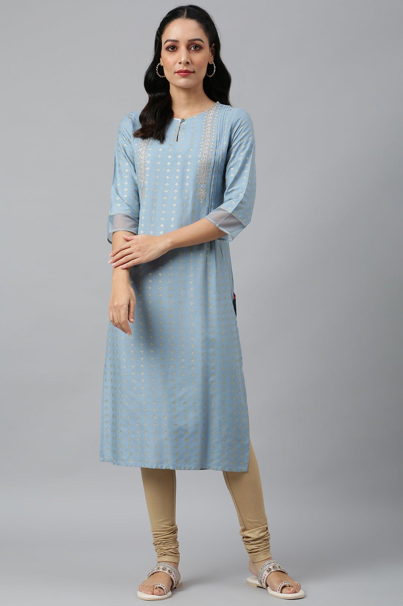 Sky Blue Glitter Printed kurta With Metallic Embroidery - wforwoman